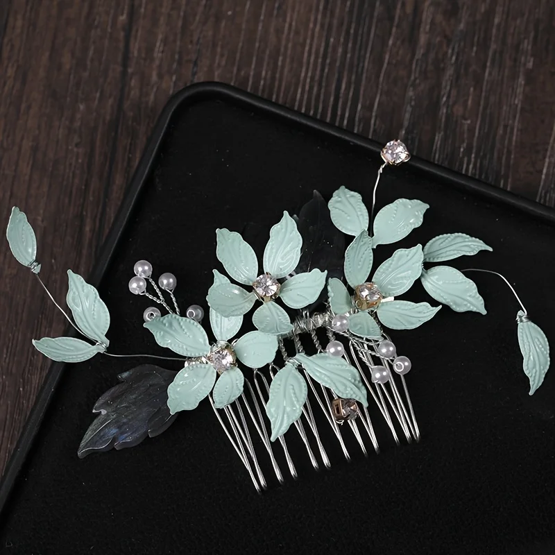 Handmade Pearl Flower Leaf Crystal Hair Comb Pin Band For Women Bride Wedding Bridal Hair Accessories Jewelry Comb Gift