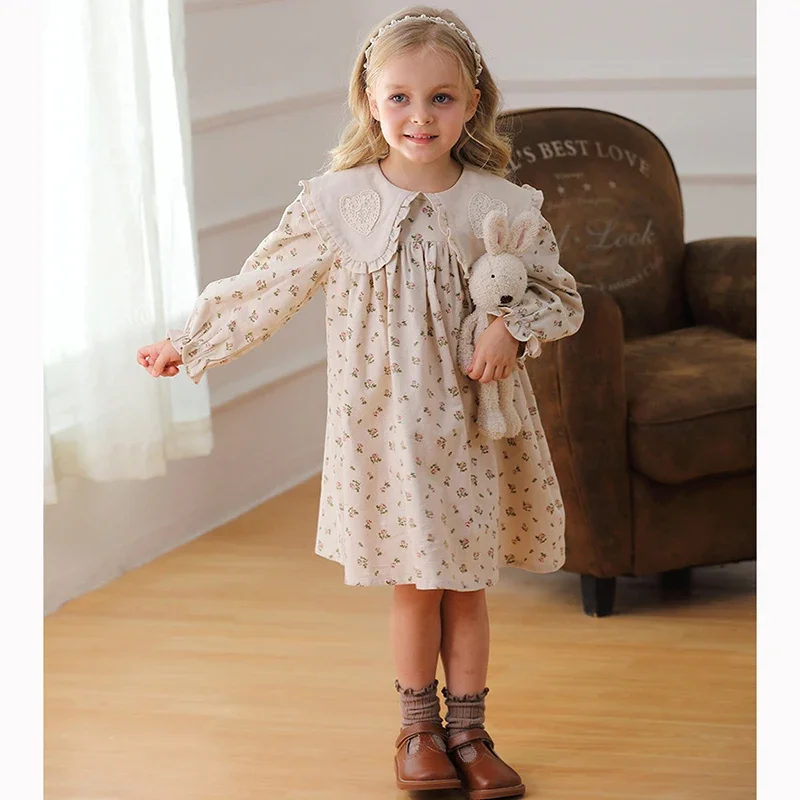 Baby Girl Little Flower Printed Fleece Stuff Winter Dress In Brown Color main image 0