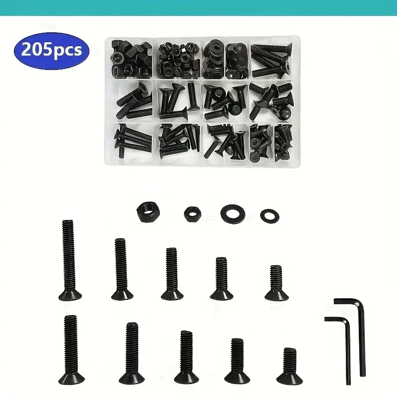 205 M6-M8 Countersunk screw and hex nut set, black flat head screw, metric hex socket screw, full thread