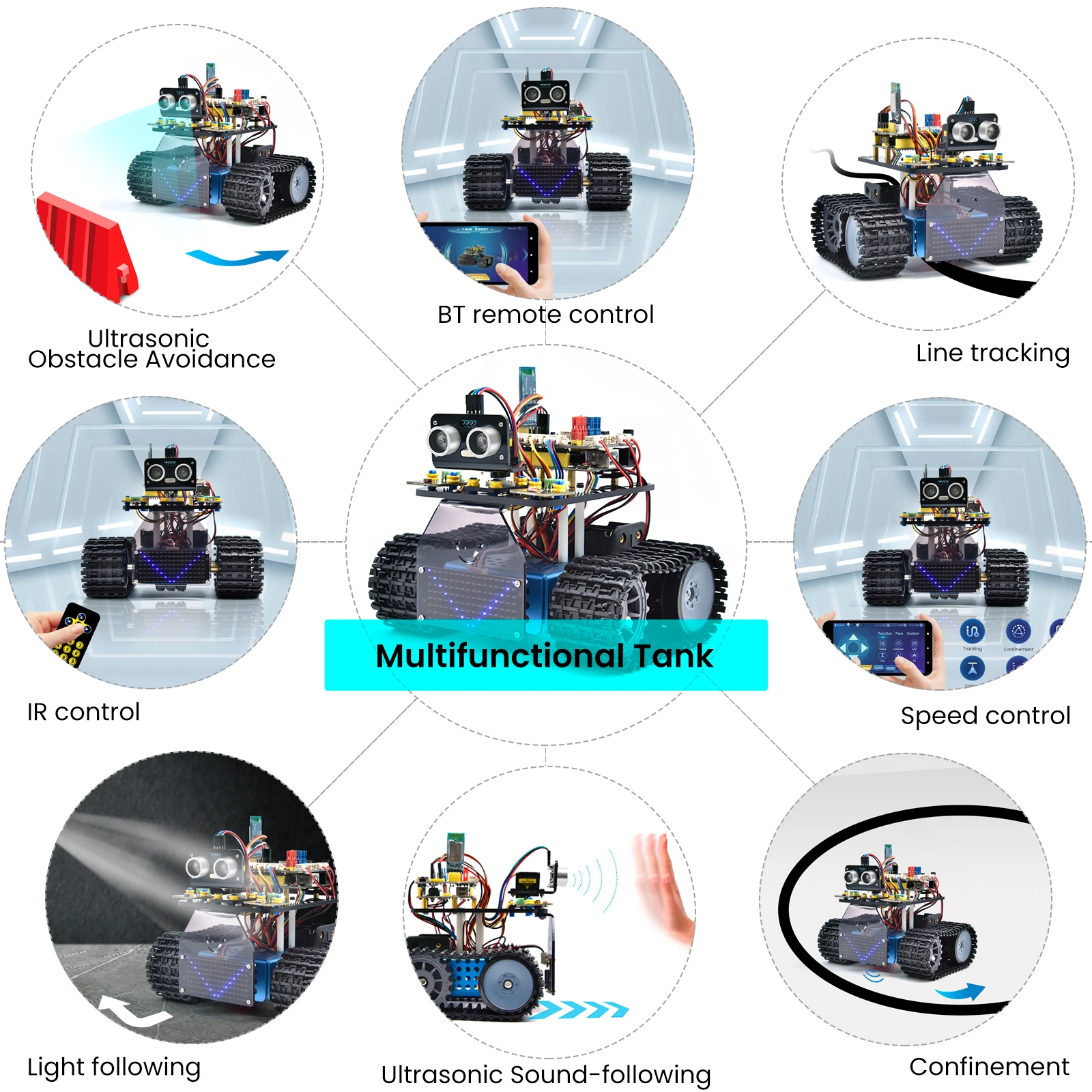 키에스튜디오 미니 탱크 로봇 V3.0 아두이노 로봇 자동차 키트 DIY 프로그래밍 가능 STEM 키트 IR 리모컨 앱 컨트롤