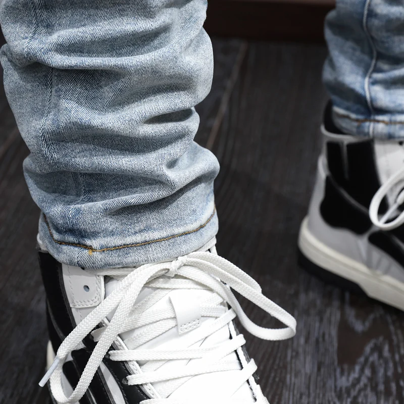 High Street Fashion Men Jeans Retro Light Blue Plain Washed Stretch Skinny Ripped Jeans Men Vintage Designer Brand Pants Hombre