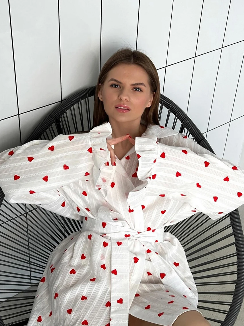 Marthaqiqi Printing Casual Ladies Robe Sexy V-Neck Bathrobe Long Sleeve Sleepwear Mini Dress Comfort Spring Home Clothes Women