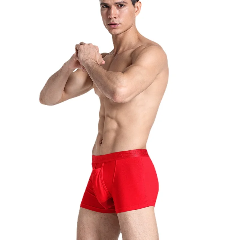 Man Sexy Breathable Lingerie Red Penis Pouch Boxers Low Waist Fashion Underwear Soft Gay Erotic Panties Chinese Style Boy Shorts