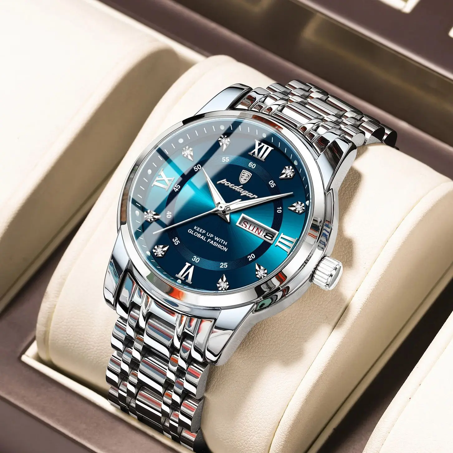 POEDAGAR Luxury Trendy Man Wristwatch Waterproof Stainless Steel Luminous Men Watch Date Week Fashion Quartz Men's Watches Reloj