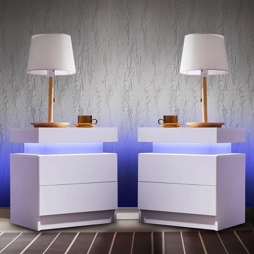Side Bed Table With LED Light Bedside Tables for the Bedroom Furniture Generic Nightstand Set of 2 LED Nightstand With 2 Drawers nightstands set
