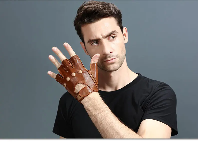 Genuine leather gloves with half finger breathable retro motorcycle wear resistant fitness outdoor motorcycle riding gloves