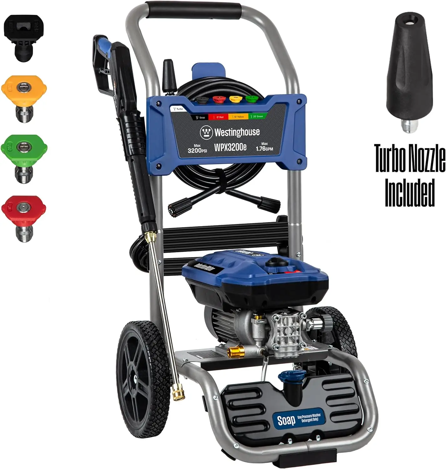 

Electric Pressure Washer, 3200 PSI and 1.76 Max GPM, Induction Motor, Onboard Soap Tank,