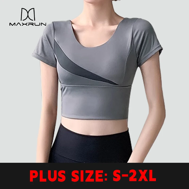 

MaxRunPro Plus Size Women's Crop Top Build-in Cup Short Sleeves Color Clash Hollow Out Tight Fit Breathable Workout Yoga Vests