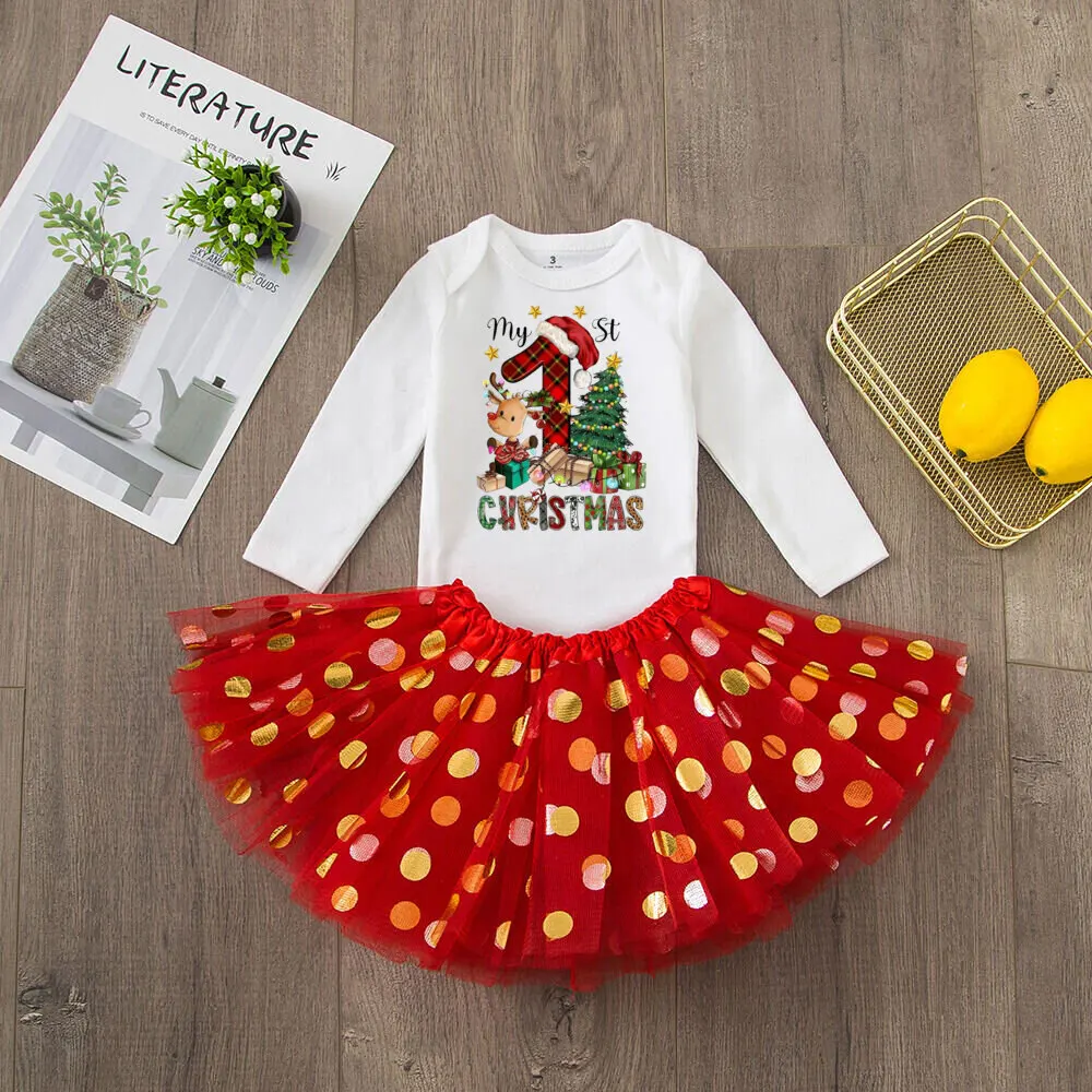 thumbnail image 3 of Conjunto de tutú y body de manga larga para bebé de My First Christmas, estampado de ciervos, para niña, vestido, pelele, falda, para bautizo infantil, 3 of 5