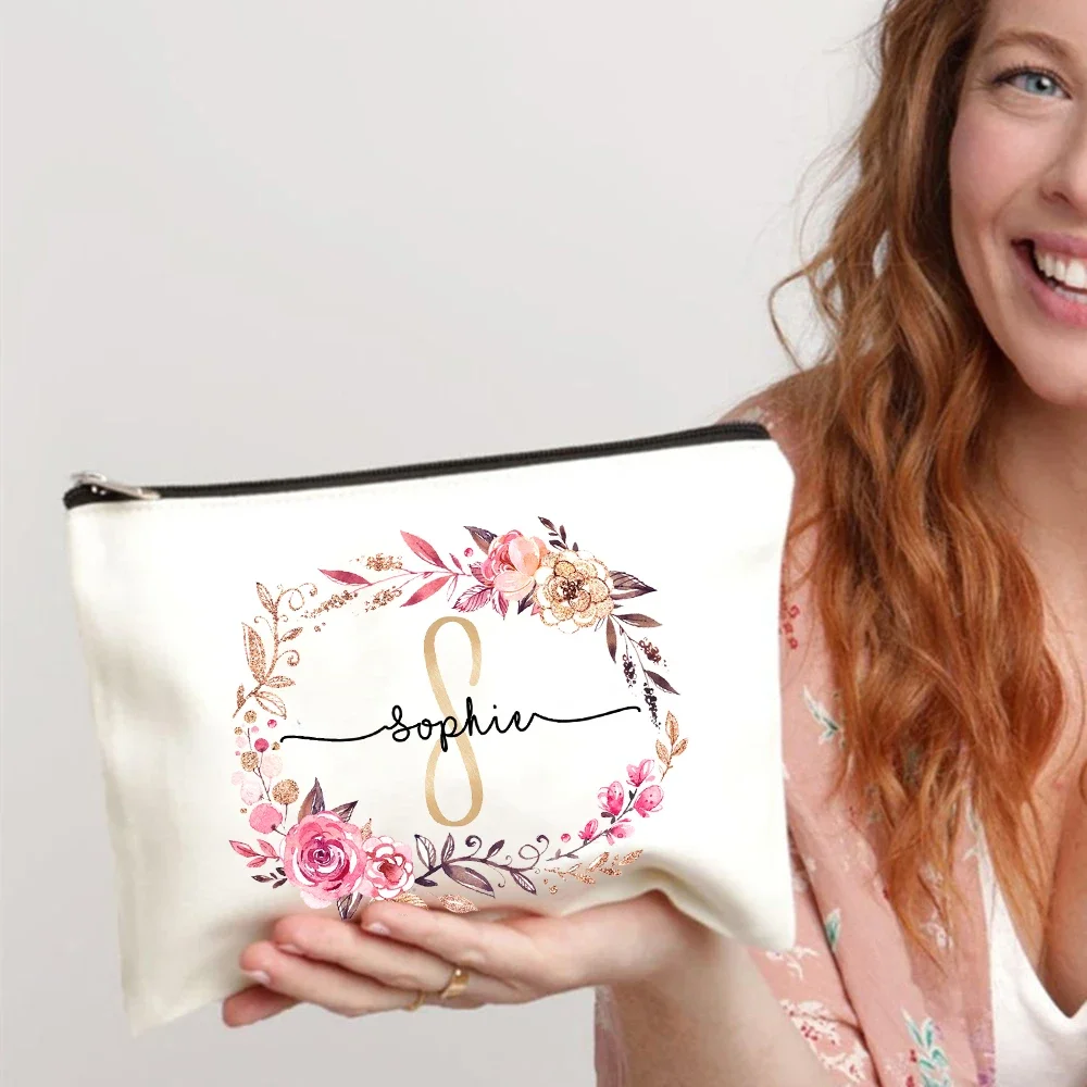 Personalized Initial with Name Makeup Bag Bridal Cosmetic Case Canvas Monogram Toiletry Pouch Birthday Wedding Bridesmaid Gifts 5