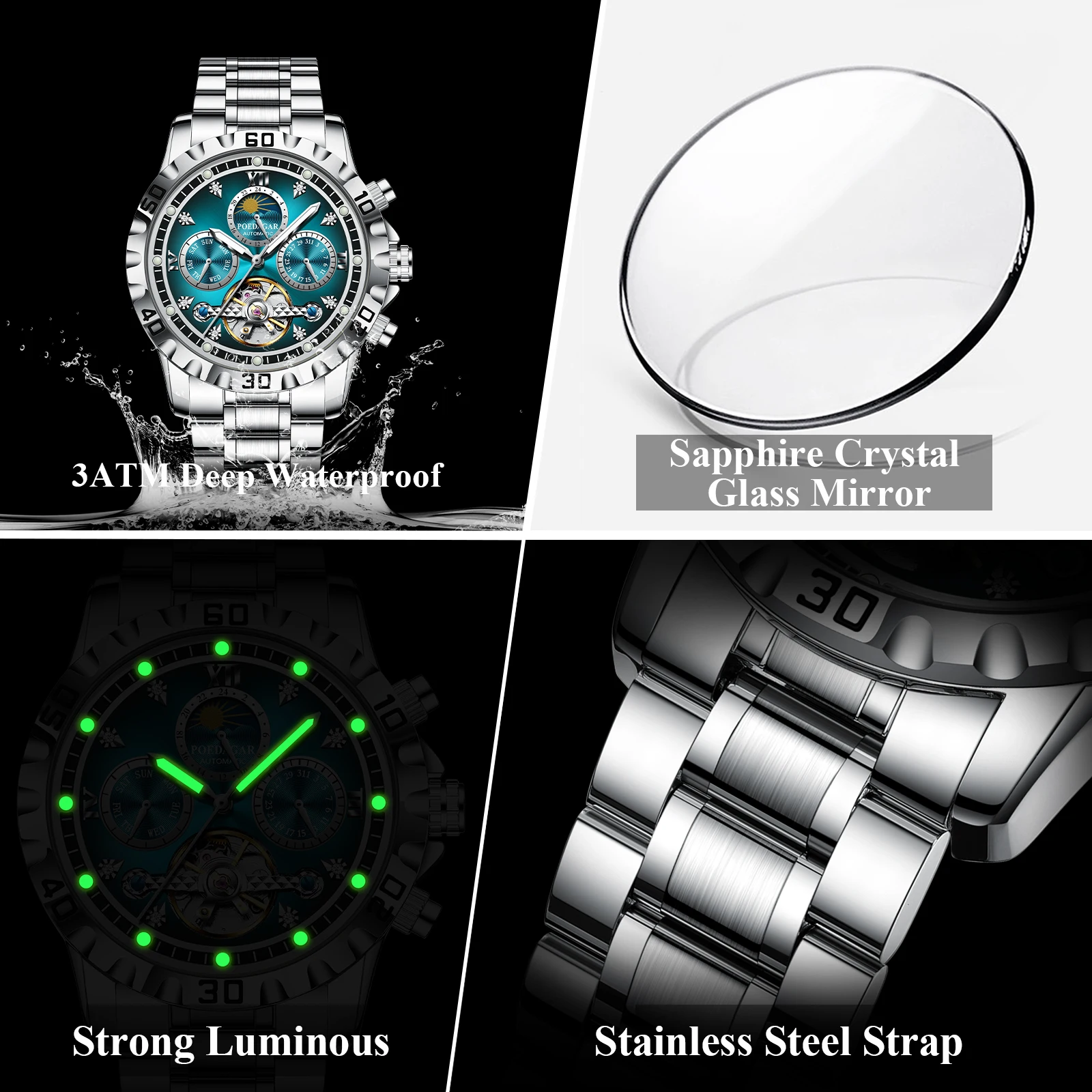 Reloj de hombre de lujo militar, mecánico, resistente al agua, con tourbillon hueco, automático, de acero inoxidable + caja._voghion.com