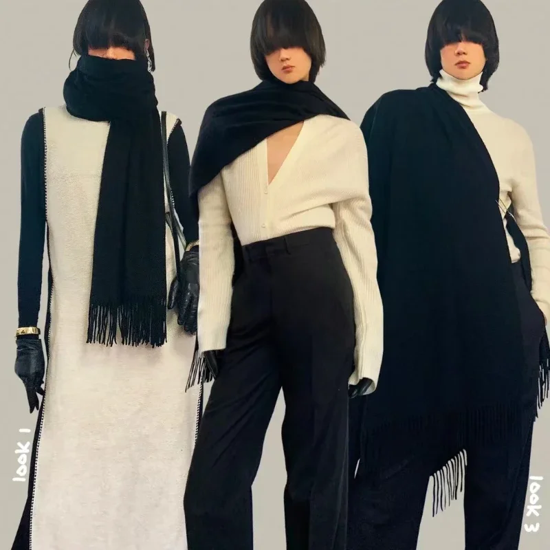 

210*40cm Solid Black Women's Scarf Winter Fashion Versatile Large Shawl Cashmere Bandana Warm Thick Soft Big Tassel Women Scarf