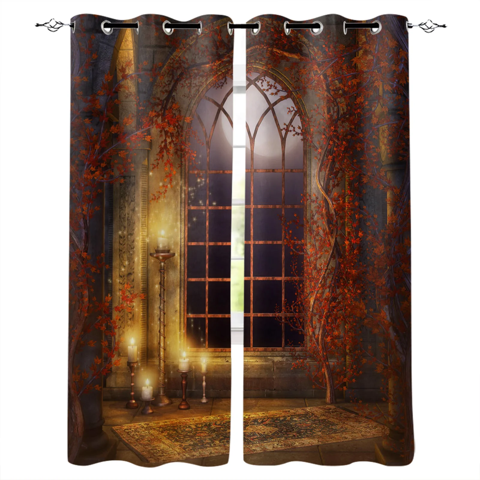 

Rattan Stone Pillar Window Moon Castle Retro Blackout Curtains Window Curtains for Bedroom Living Room Decor Window Treatments