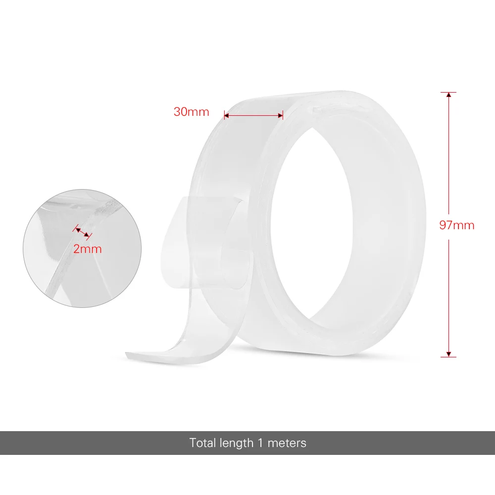 1M Washable Traceless Double-sided Adhesive Tape Removable Reusable Anti-slip Transparent Nano Gel Tape Pad 2mm Thickness