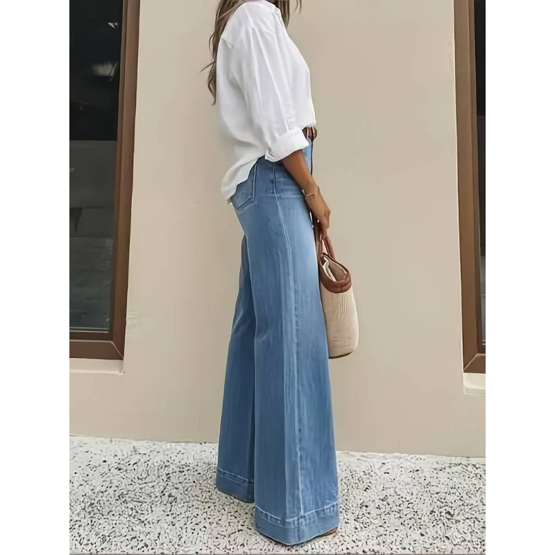 Jean large taille haute décontracté pour femme, style urbain bleu, coupe ample, en denim élastique, confortable, effet délavé 2026