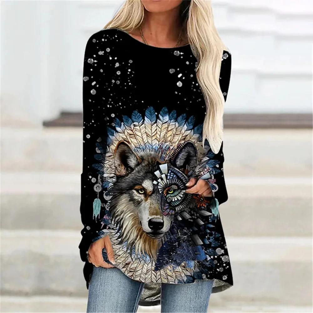 

Autumn Women's T-shirt 3D Printed Wolf Print Long Sleeve Loose Round Neck Tshirt Fashion Versatile Causal TShirt Tops Streetwear