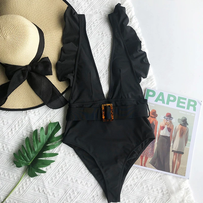 TYAKKVE 2024 Women Retro Ruffle Swimsuit & Skirt Deep V Neck Swimwear Holiday Beach Dress Designer Bathing Suit Vintage Summer
