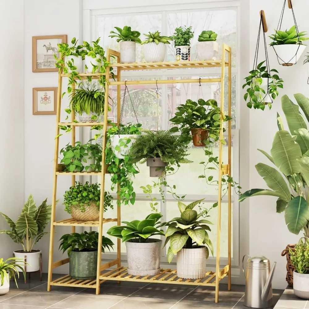 Bamworld Hanging Plant Stand Indoor, Bamboo Large Plant Shelf for Multiple Plants, Tall Ladder Coat Flower Rack for Window