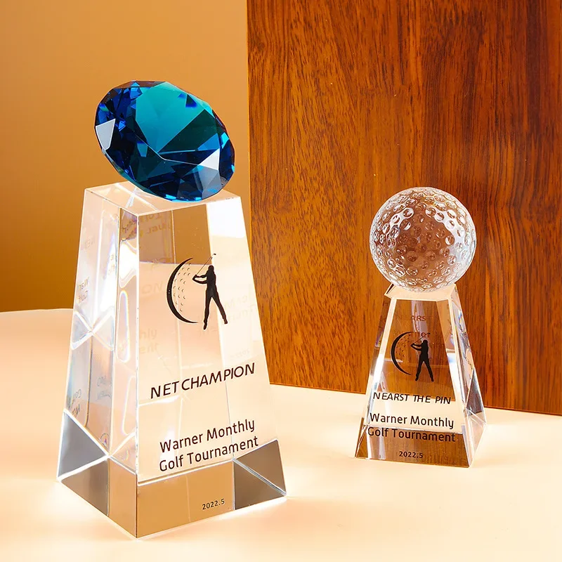 Customized Crystal Trophy for Sports Event, Enterprise Awards, Excellent Employee Team Trophies, Earth Golf Ball, Trapezoid, 1PC