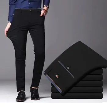 Men's Elastic Straight Pants Business Casual Long Suit Pants Male Formal Trousers Solid Colors Black BLue 1