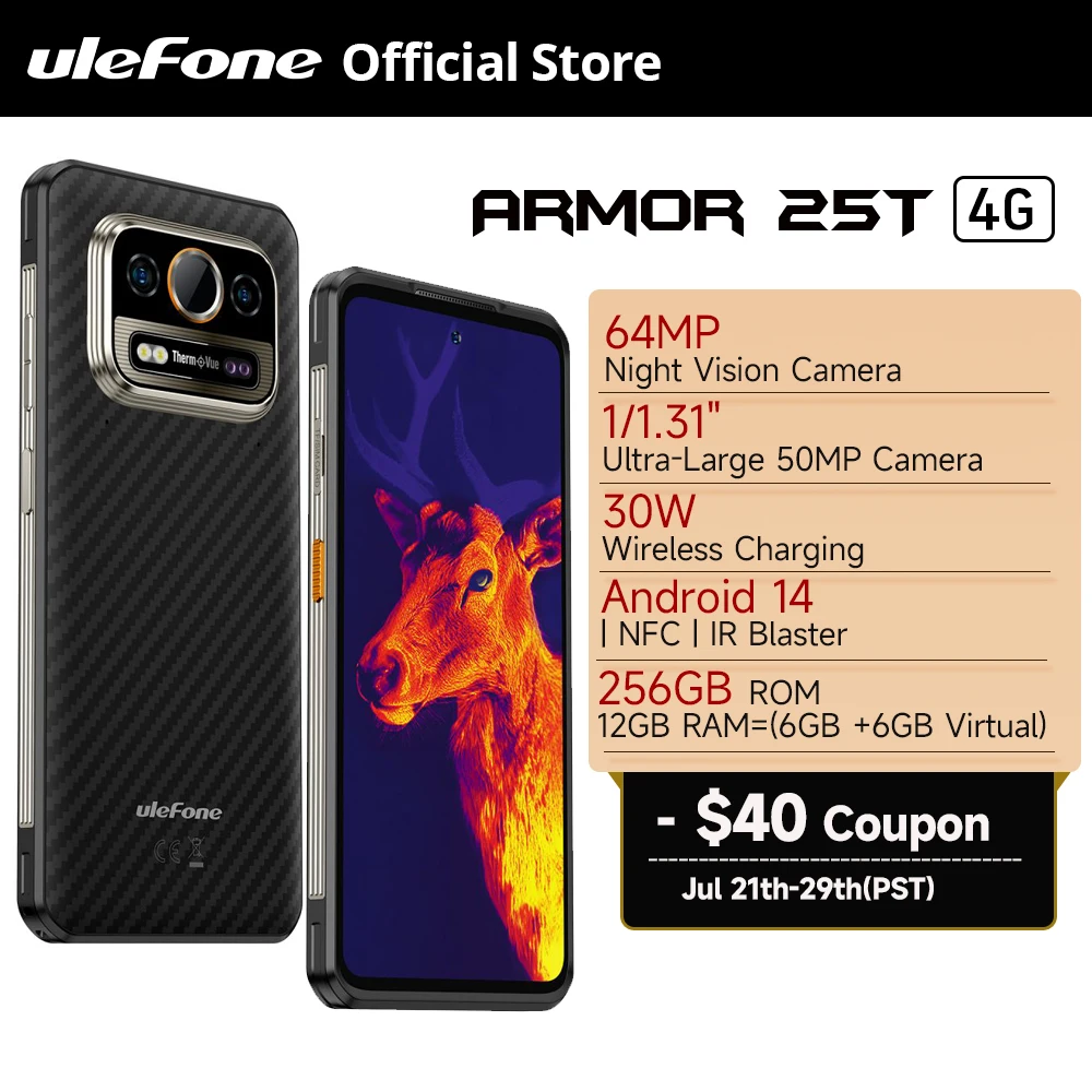 【Мировая премьера】Ulefone Armor 25T, 4G, Защишенный смартфон ,Android 14, 33 Вт, 50 МП + 64 МП, ночная камера, NFC, водонепроницаемый смартфон, глобальный прочный телефон