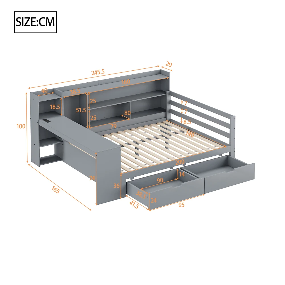 Multifunktionales Massivholz-Schlafsofa 90×200cm mit Schreibtisch, Bücherregal, Staufächern, Steckdose und 2 großen Aufbewahrungsboxen – Detail 20