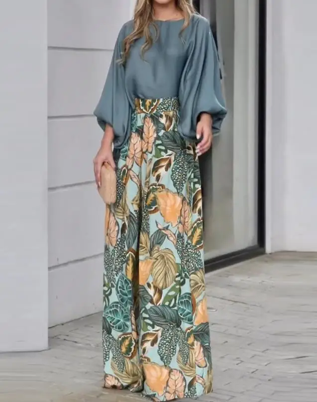 Lantern Sleeve Top&tropical Print High Waist Pants Set 2023 New Hot Selling Fashion Women's Loose Fit good selling factory lubrication hose stud accessories and threaded sleeve centralized system