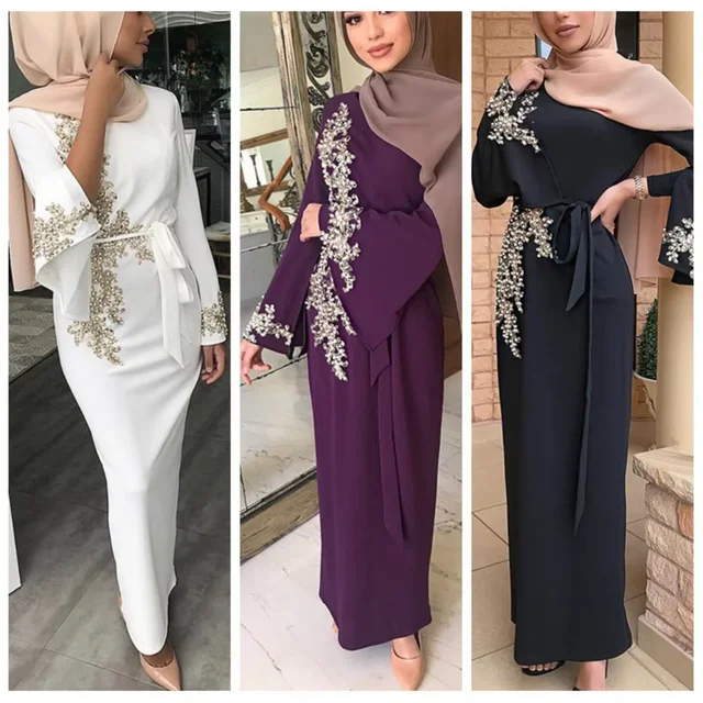 Muslim Fashion Dress Women Arab Pearl Dresses Dinner Party Plus Size Loose Casual Elegant Female Maxi Dress 1