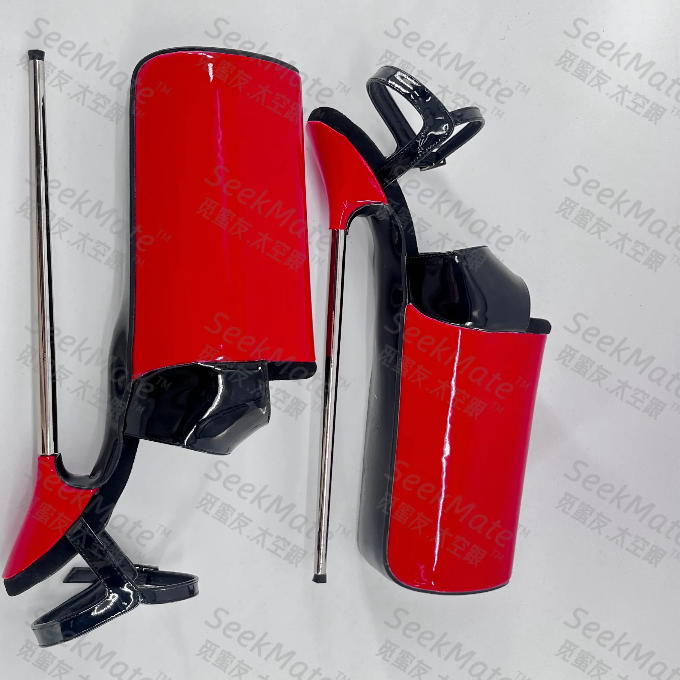 Seek Mate European and American New Ultra High Slim Heel 30 cm Steel Heel Red and Black Contrast Lacquer Leather Large Open Toe