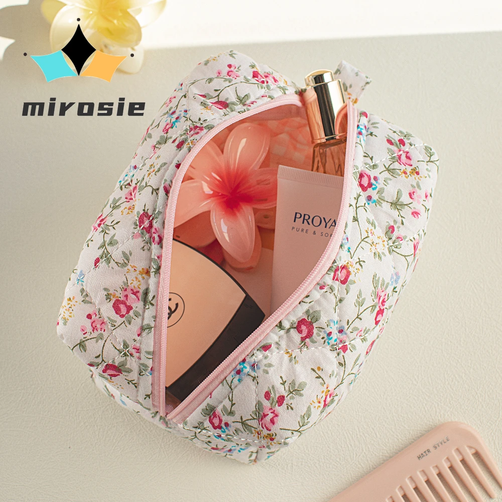 MIROSIE-Floral Gingham Makeup Bag, Travel Skincare Pink Zipper