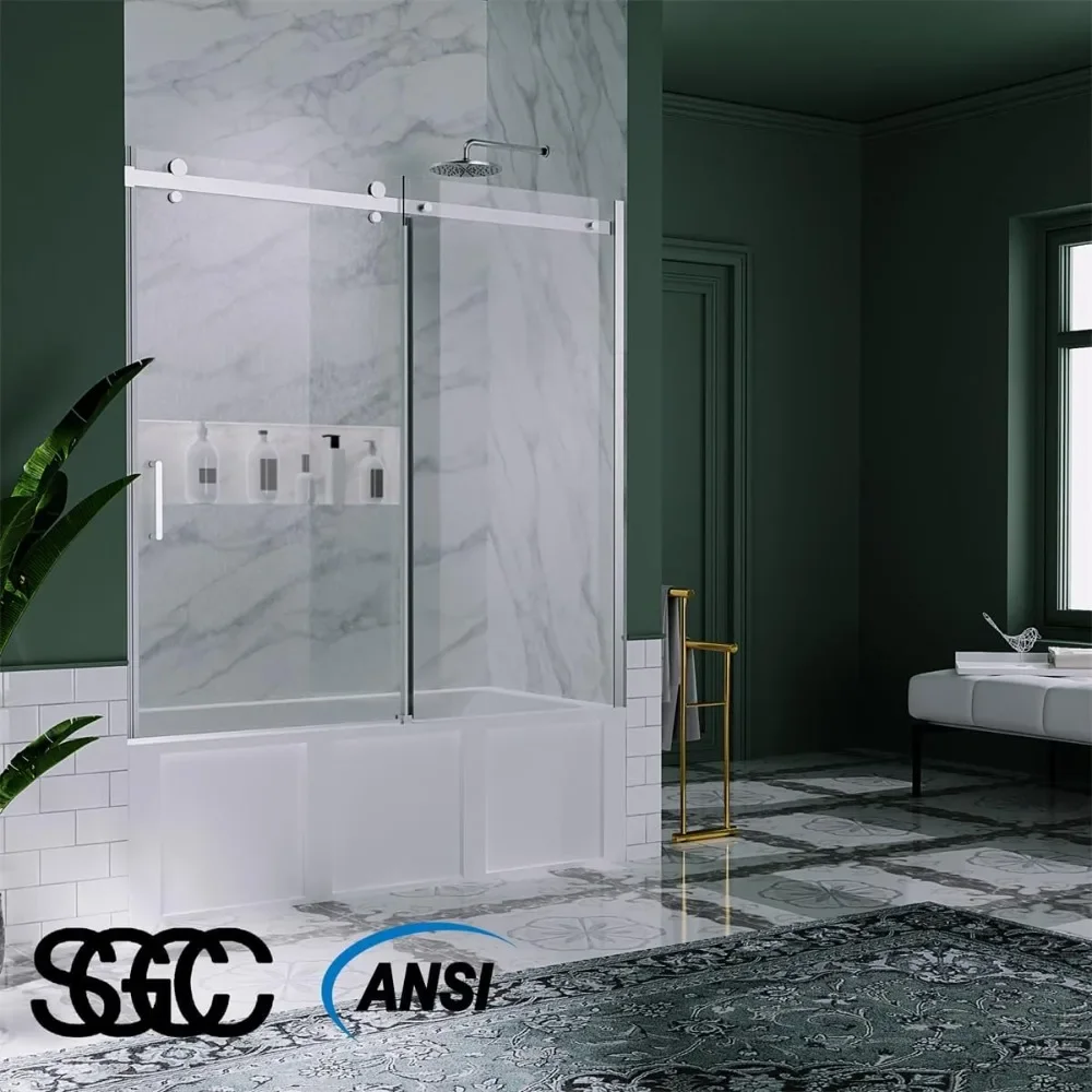 Shower Door, 56-60" W X 58" H, Frameless Sliding Showers Doors, Clear Tempered Glass Tub Doors, Tub Shower Door 2