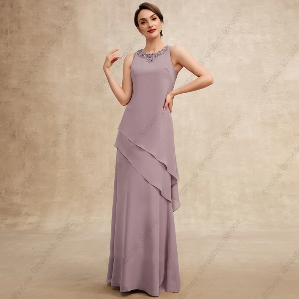 Modern Scoop Mother of Bride Dresses Lace Three Quarter Wedding Party Dresses Summer Beach Chiffon Robe De Soir&eacute;e