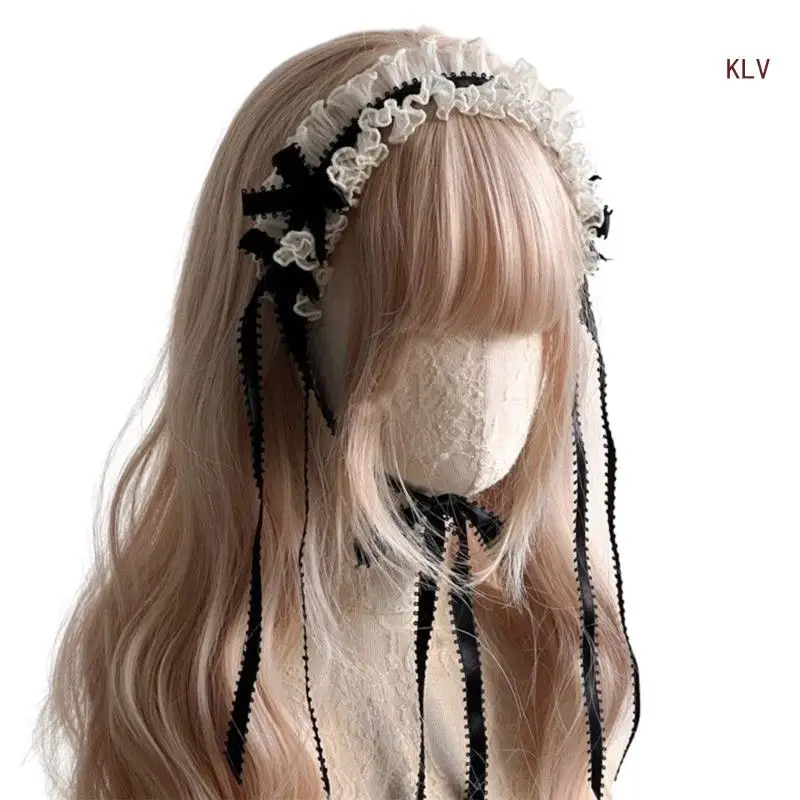 Mädchen-Haarband mit Rüschen, Spitzenbesatz, Band, Subkultur, Kopfschmuck, Dienstmädchen-Stirnband 6XDA – Detail 3