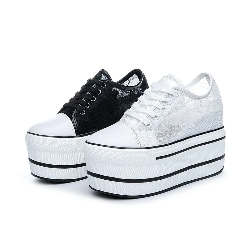 

10.5cm Genuine Leather Women Shoes Platform Wedge Sneakers Air Mesh Hidden Heel Women Summer Shoe Breathable Zapatos De Mujer