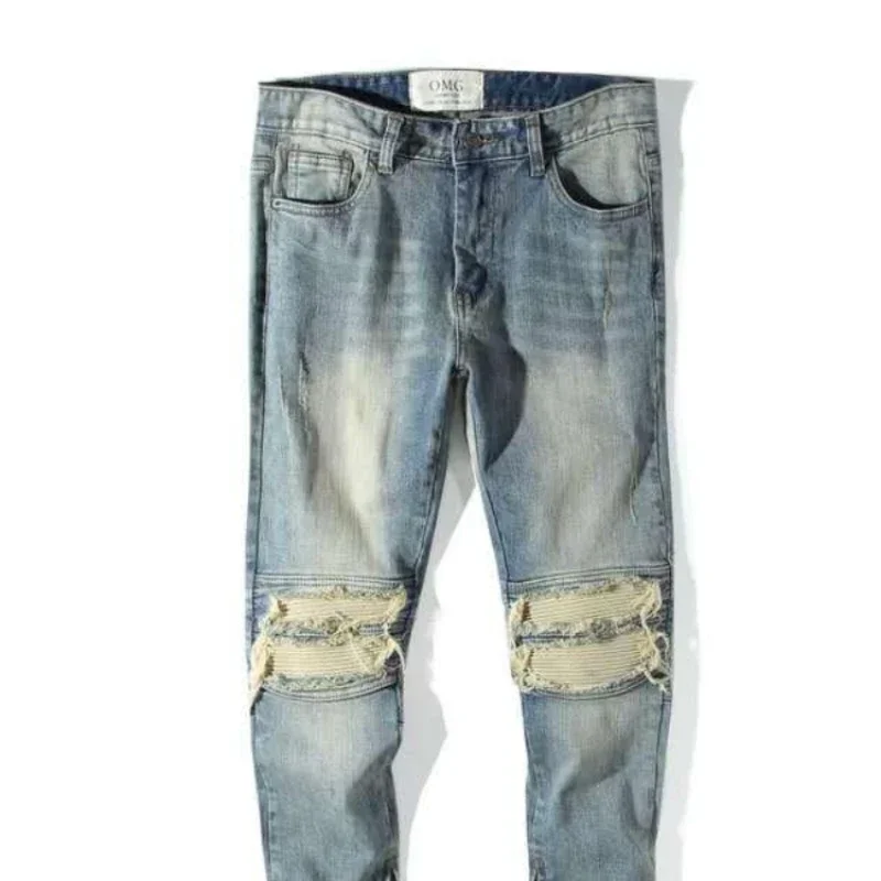Men's Jeans Ripped with Holes Broken Trousers Man Cowboy Pants Torn Tapered Pockets Light Blue Summer Denim Trend Luxury Xs