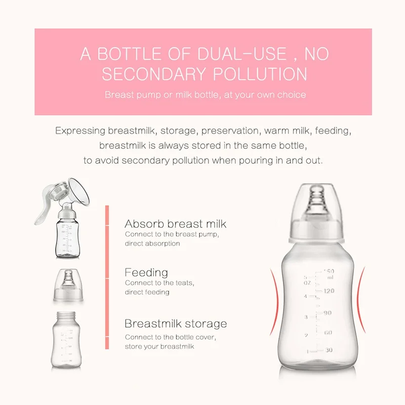 Manual breast pump newborn milk bottle breast milk storage bottle preferably made of PP material BPA free breast pump