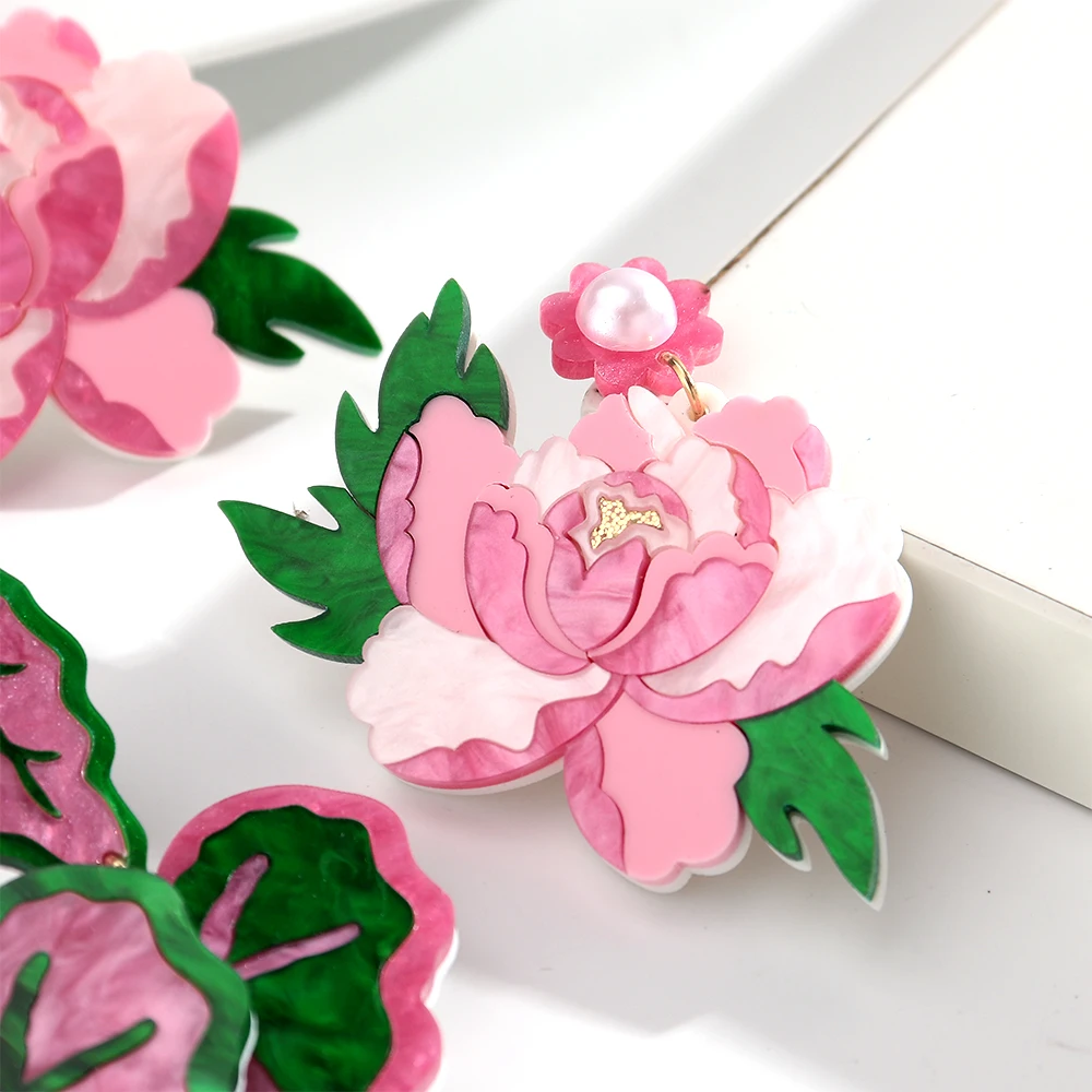 Sweet Acrylic Pink Flower Green Leaf Drop Earrings for Women Resin Large Plant Dangle Earring New Jewelry Gifts