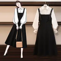 Women Sets Simple Solid Puff Sleeve Shirts Elegant Mid-calf Black Dress Spring Autumn Fashion 2 Pecs Ladies Hot Sale Ins Design 2