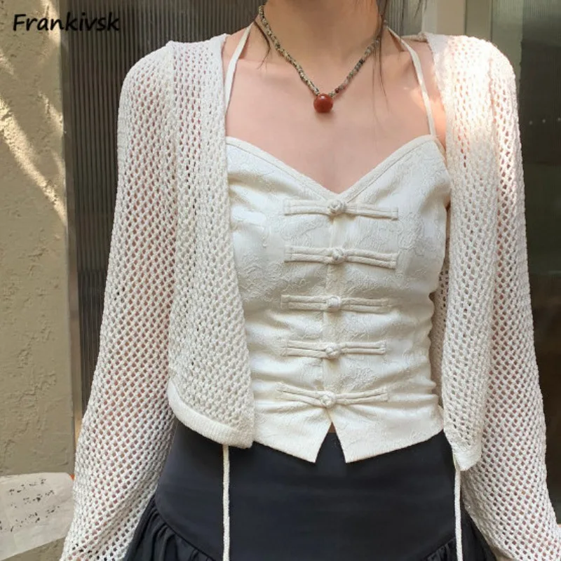 

Autumn Sets Women Elegant Holiday Chinese Style Hollow Out Cropped Outwear Party Slim Y2K Camisole Spring Sun-proof Outfits Cozy