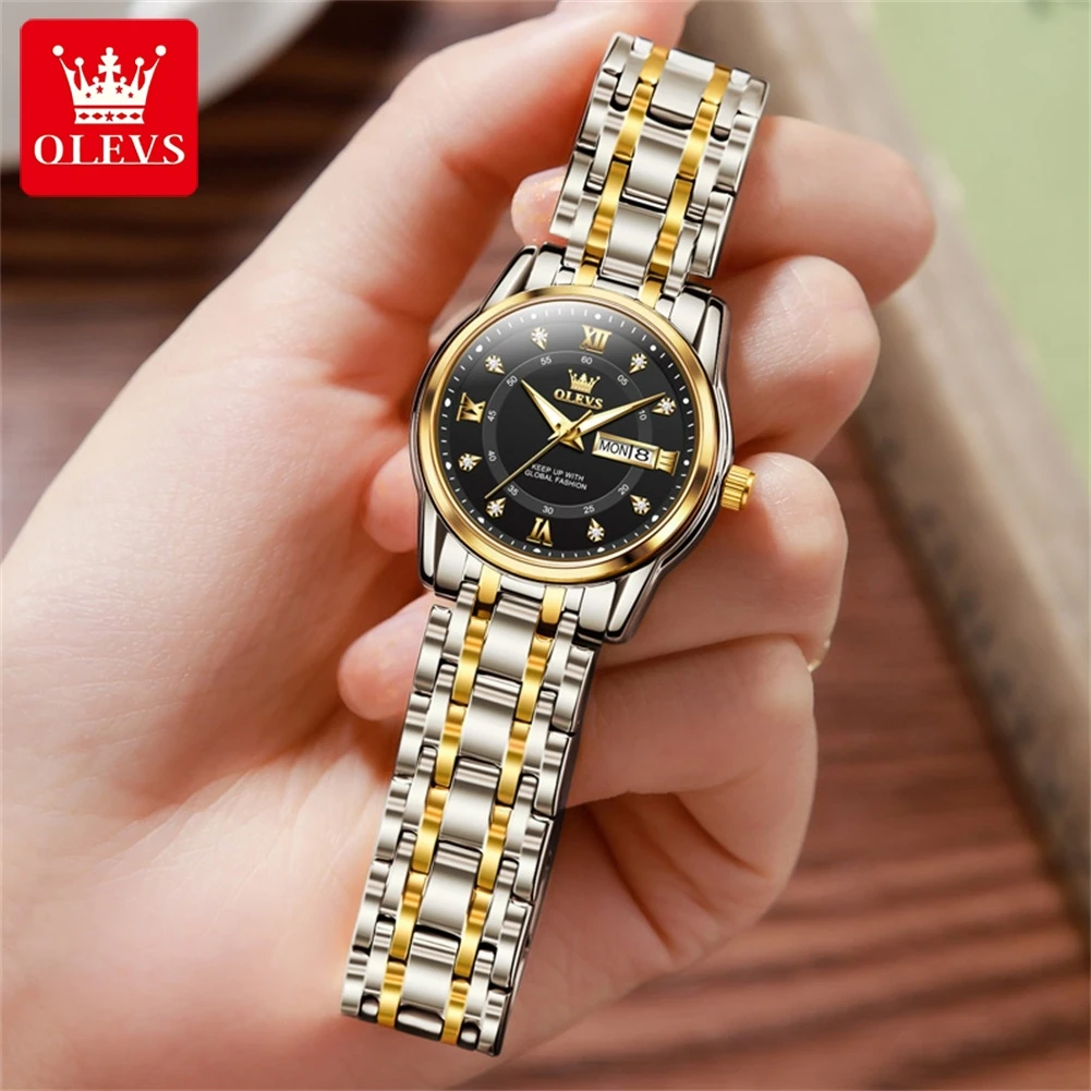 OLEVS Luxury Watch for Women Elegant Stainless Steel Women's Watches Dual Calendar Waterproof Luminous Ladies Dress Wristwatches