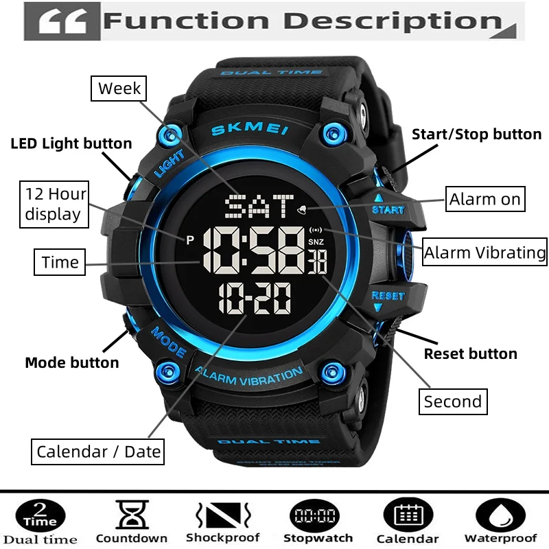 SKMEI Orologio Sportivo Uomo Digitale, Impermeabile 50m, Retroilluminazione LED, Multifunzione, Leggero, Cinturino In PU