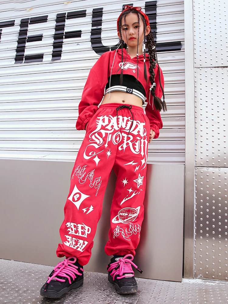 New Jazz Dance Costume Girls Hip Hop Performance Suit Red Hooded Crop Tops  Pants Kpop Clothes Kids Street Dance Clothing BL10259