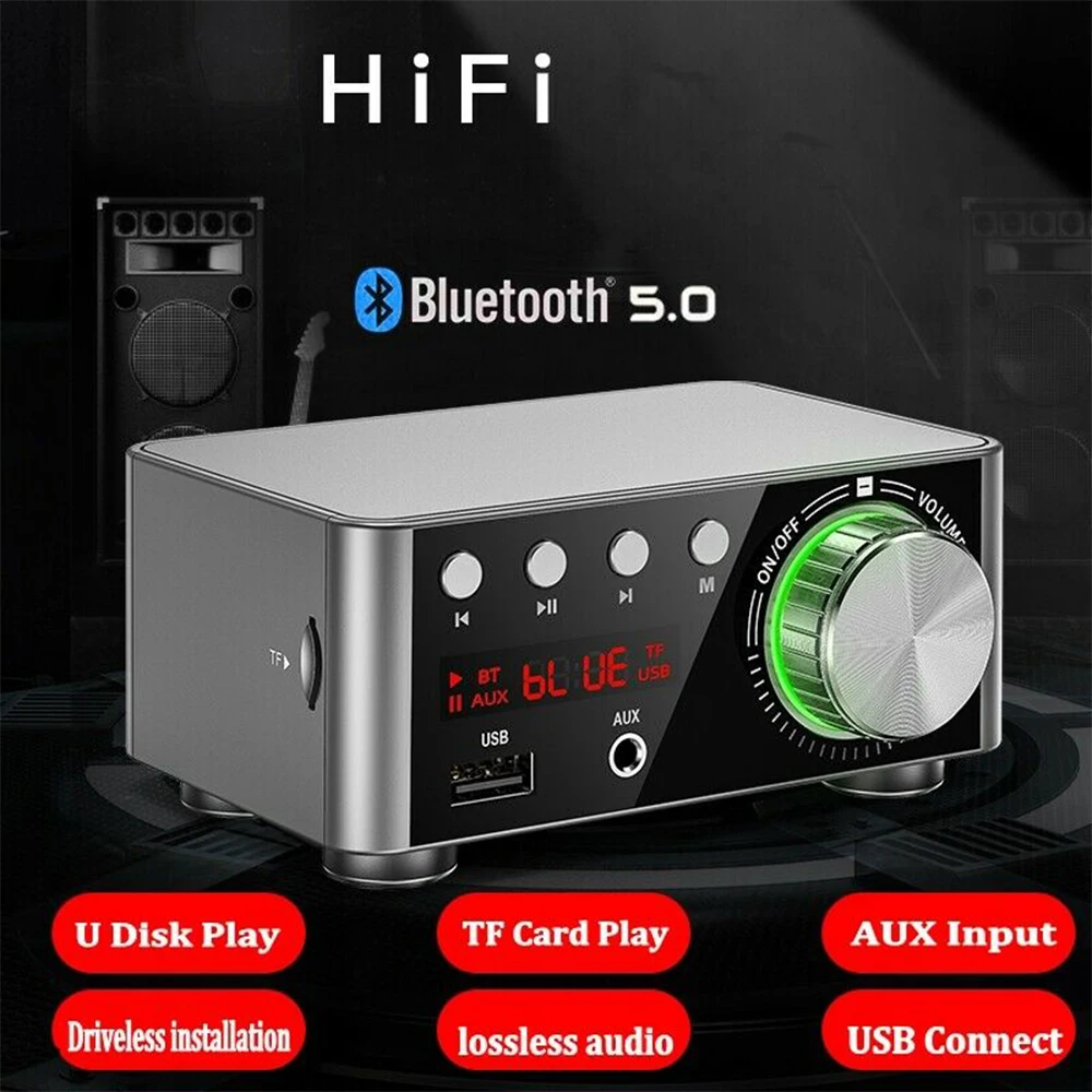 Mini Audio HiFi Bluetooth 5.0 Power Class D Amplifier Tpa3116 Digital Amp 50W*2 Home Audio Car Marine USB/AUX IN