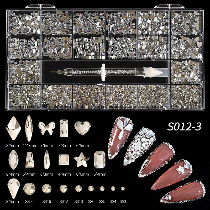 

20Grids Nail Rhinestones Set with Crystal Pen Multi Size Glitter Glass Clear 3D Nail Art Supplies DIY Charms Decorations Gems