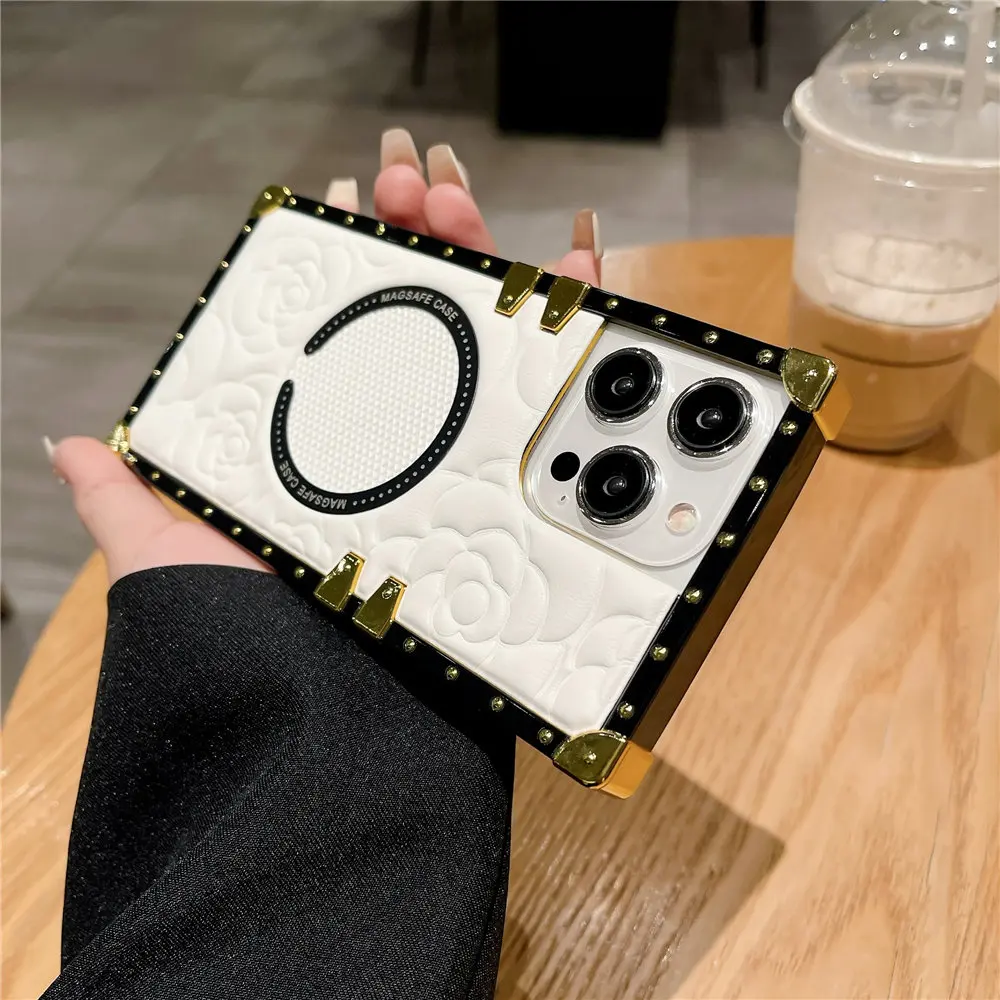 Fashion 3D Flower Leather Plating Square Case For Magsafe iPhone 13 14 Plus 12 11 15 Pro Max Wireless Charging_voghion.com