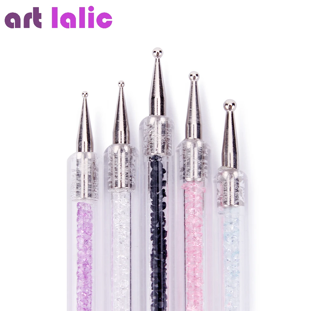 Nail Art Tools 5Pcs Double-ended Nail Dotting Pen with Rhinestones Handle Dotting Gems Picker