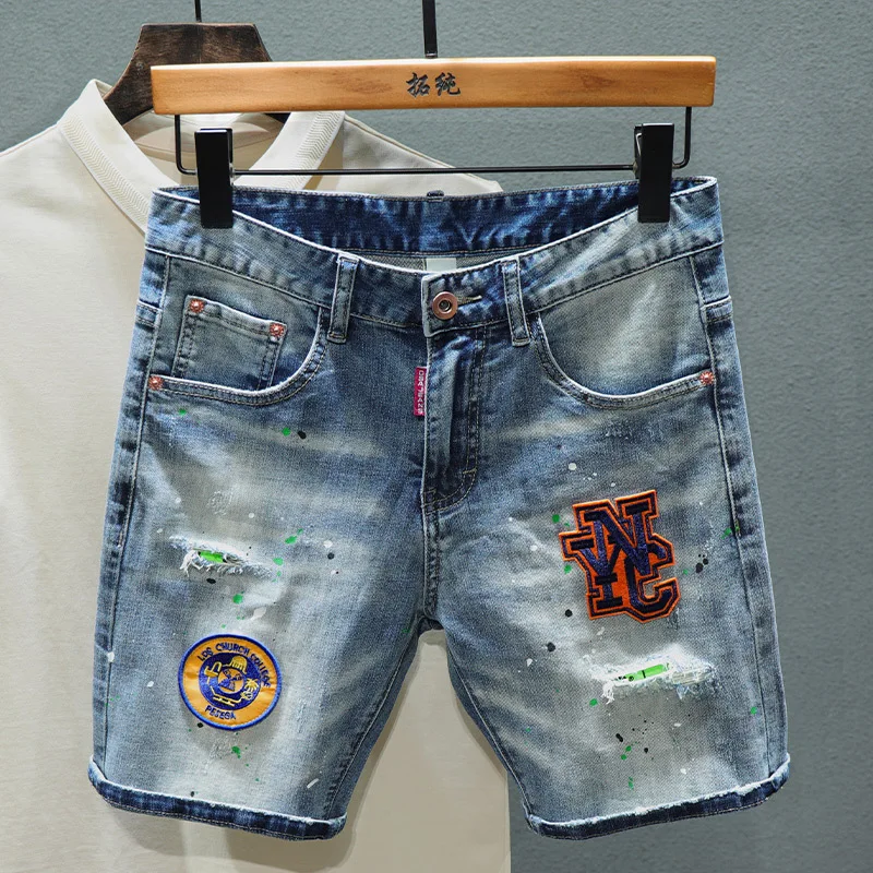 MenRippedDenimShortsHolesJeansNewFashionMaleSummerBlueJeans