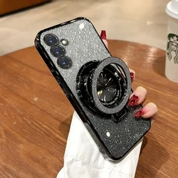 Gradient Glitter Bling Bracket Soft Case with Magsafe Holder for S25 (Black SF)