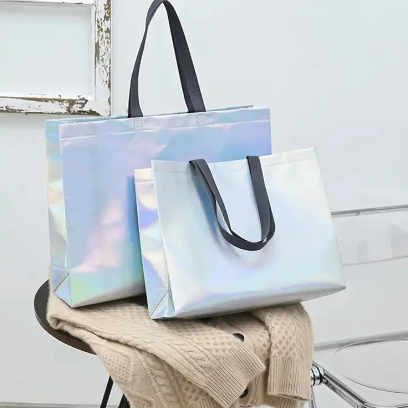 500pcs Large Capacity Holographic Packaging Laser Metallic Laminated Non-Woven PP Non Woven Shopping Tote Bags with