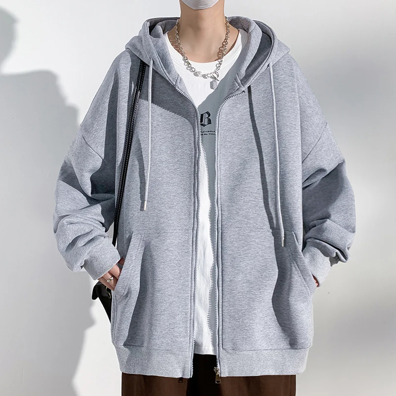 Men's Spring Autumn Drawstring Solid Pockets Hooded Long Sleeve Sports Hoodies Cardigan Coats Casual England Style Vintage Tops